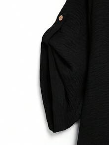 Linhara Vestido casual holgado de manga corta con cuello en V y dobladillo enrollado para mujer de talla grande - Negro - Ver 4