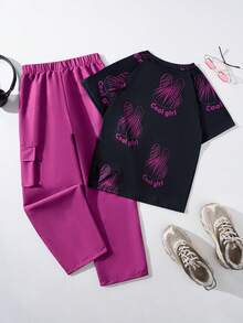 SHEIN Tween Girl Cool Printed T-Shirt & Fashionable 3D Work Pants, Dark Pink - Black - View 2