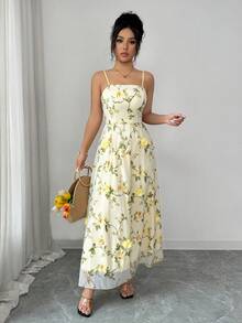 Elenzga 2026春夏新款黄色网纱3D立体花卉刺绣A字吊带裙 - 淡黃色 - 查看 5