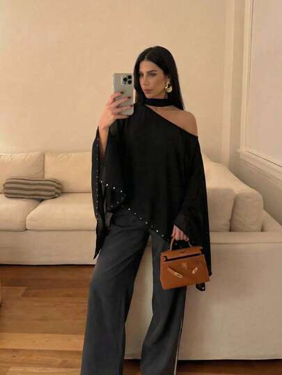 Firerie Women's Casual Elegant Open Shoulder Top, Studded Top/Loose Top/Relaxed Top/Lovely Top/Black Top Batwing Sleeve Top Oversized Top Poncho Top