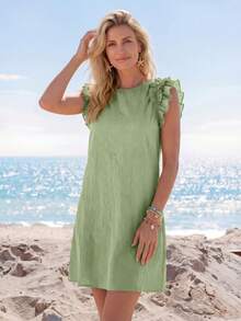 SHEIN LUNE Vestido mini ajustado con volantes de unicolor tejido para vacaciones - Verde - Ver 2