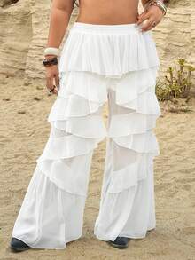 Rustia Plus Size Women's Solid Color Romantic Ruffle Hem Wide Leg Pants - Apricot - View 3
