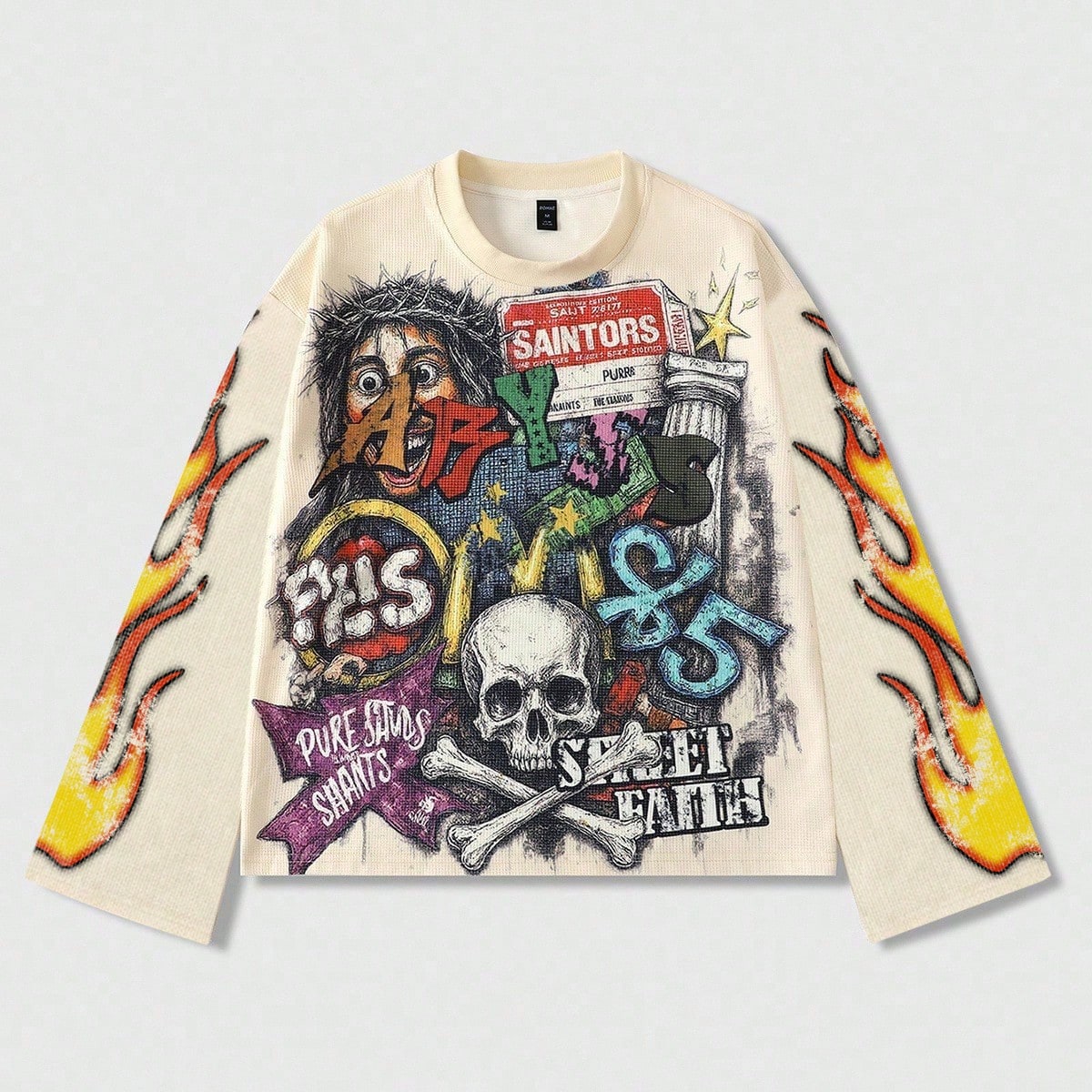 Camiseta de manga larga con estampado de esqueleto para hombre, estilo callejero vintage
