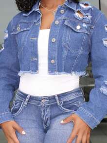 Steph T 休閒洗舊撕邊牛仔夾克，腰身短款 - 深色水洗藍 - 查看 3