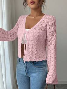 Elenzga Cárdigan de mujer elegante con mangas acampanadas, nudo delantero y calado - Rosa - Ver 4