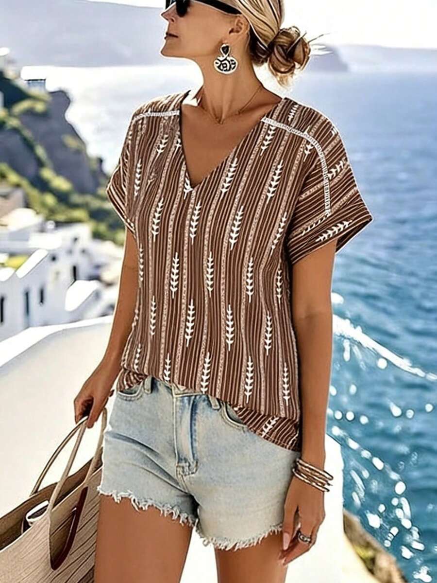 Breezaya Vacation & Work Commute Bohemian Striped & Geometric Print Shirt, Spring/Summer - Brown - View 1