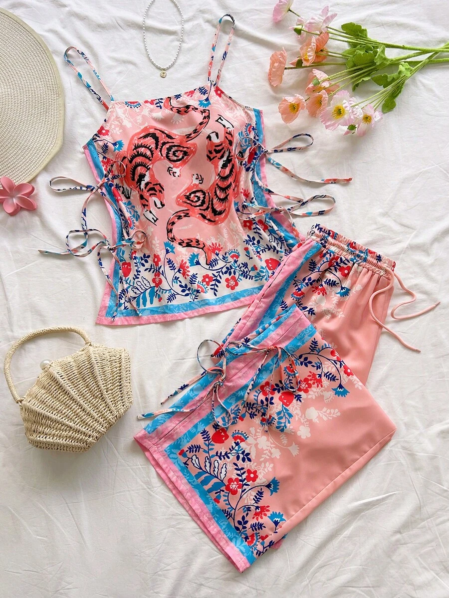 Soleia 女士度假植物图案系带阔腿宽松裤 - 彩色 - 查看 1