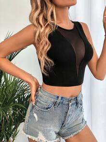 SHEIN Privé Áo hai dây Tương phản Mesh màu trơn Gợi cảm - màu đen - Xem 6