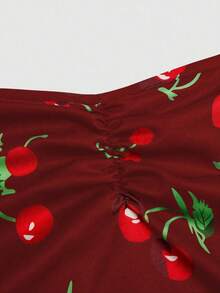 Sweetra Đầm chữ A xếp ly in họa tiết quả anh đào, kiểu cổ yếm, thắt eo, cỡ lớn - Màu Đỏ Sâu - Xem 5