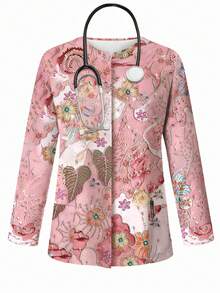 PopScrub Áo khoác đồng phục y tế in họa tiết hoa 3D lấp lánh, áo cardigan thời trang kèm khuyên tai cho y tá, áo khoác đồng phục mùa xuân/hè. - Nhiều màu - Xem 6