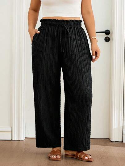 Lounesse Plus Size Women Casual Fashion Vacation Ruffle Waist Tie Pants Wide Leg Pants Woman High Waist Pleated Pants For Women Womens Summer Pants Pants For Women Casual