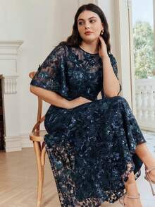 Anewsta Elegant Navy Blue Floral Mesh Ruffle Trim Sequin Embellished Short Sleeve Dress, Suitable For Parties, Dates, Resorts, Spring/Summer Outfits - Navy Blue - View 4