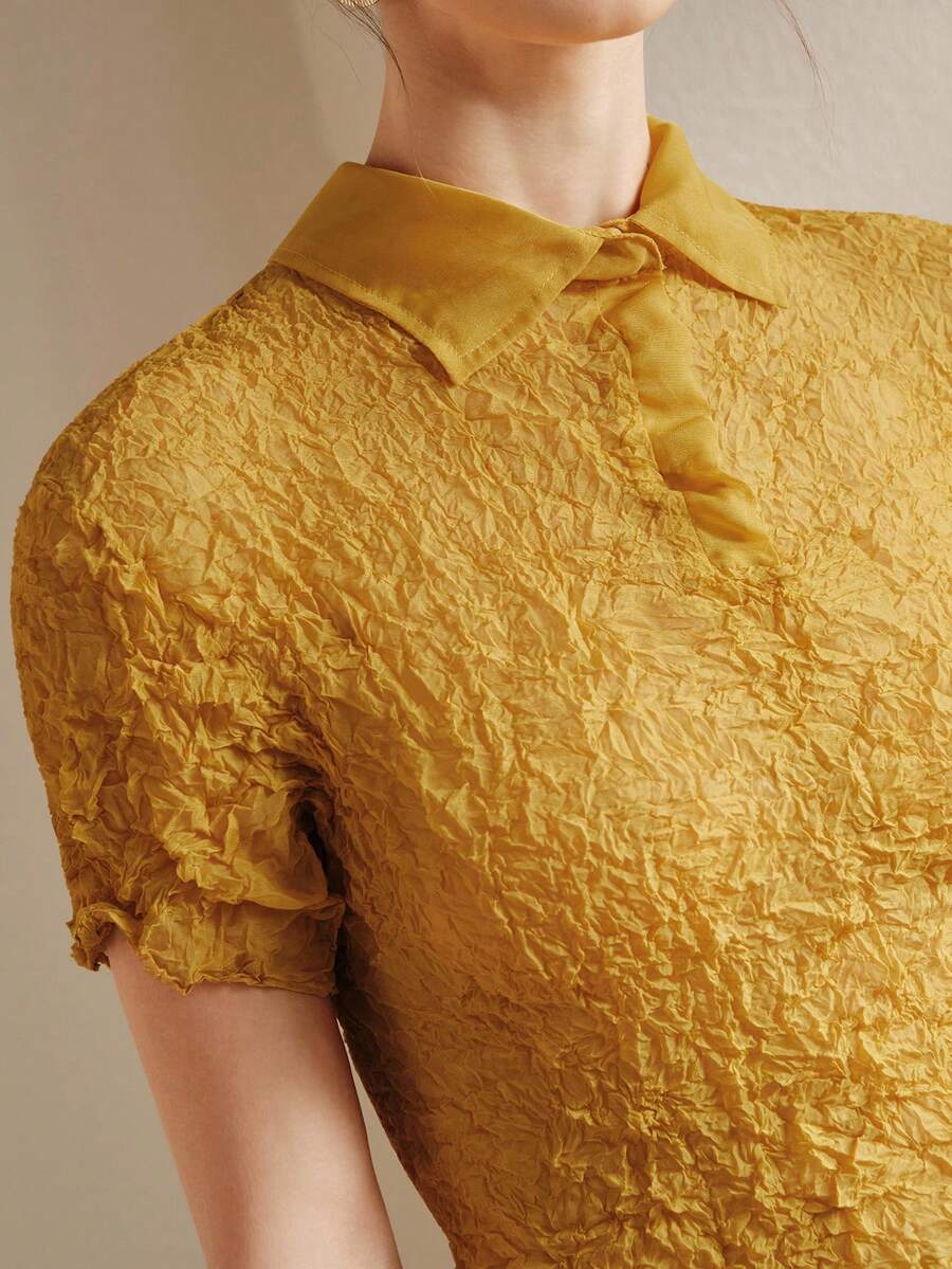 Anewsta 女士优雅都市风黄色纹理短袖衬衫领T恤 - 黃色 - 查看 1