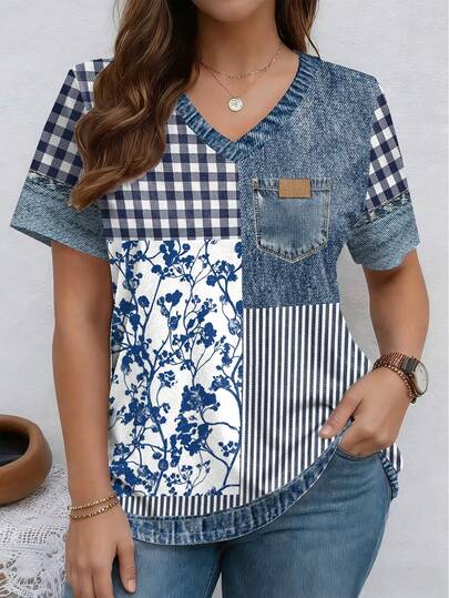 EMERY ROSE 印花拼接图案罗纹V领短袖休闲加大码T恤，春夏款