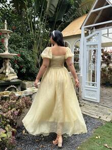 Lyrianda Plus Size Women's Elegant French Style Solid Color Mesh Patchwork Jacquard Flared Dress - Yellow - View 2