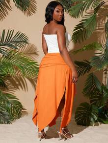 SHEIN SXY Plus Size Women Orange Summer Beach Holiday Solid Ruched Waist Asymmetrical Hem High Slit Skirt,Resort Casual Shopping Streetwear Skirt - Orange - View 2