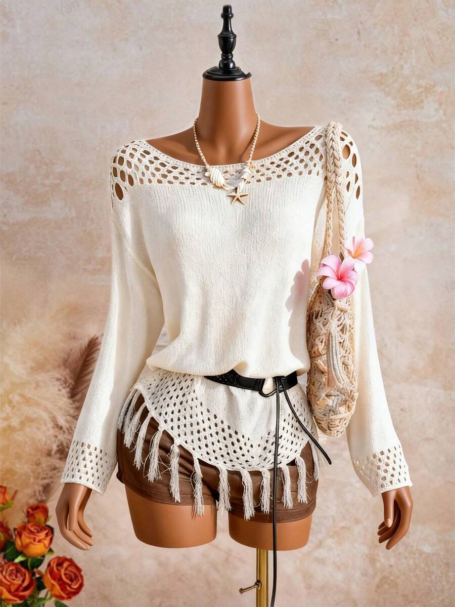 Selianne Áo kiểu dệt kim tay dài khoét eo, vạt tua rua bất đối xứng dành cho nữ, mùa xuân/hè. - Màu be - Xem 1