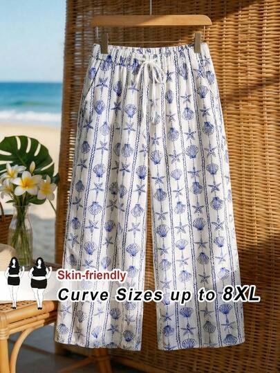 SHEIN CURVE+ Plus Size Women's Daily Leisure Outings, Vacations, Dates, Commuting Back To School Straps, Elastic Waistband, Pure Cotton Blue And White Ocean Element Printed Long Pants
