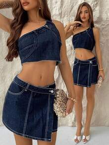 TRNVIE Top de mezclilla asimétrico con hombro descubierto para mujer - Azul - Ver 1