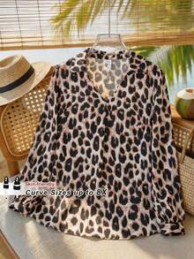 SHEIN CURVE+ 大码女装秋冬休闲宽松舒适V领黑色长袖衬衫，秋季女装，女式衬衫，大码上衣，复古风，黑色上衣，商务休闲女装，办公室女装，W码，教师衬衫，女士秋冬服装，冬季，大码 - 棕色 - 查看 1