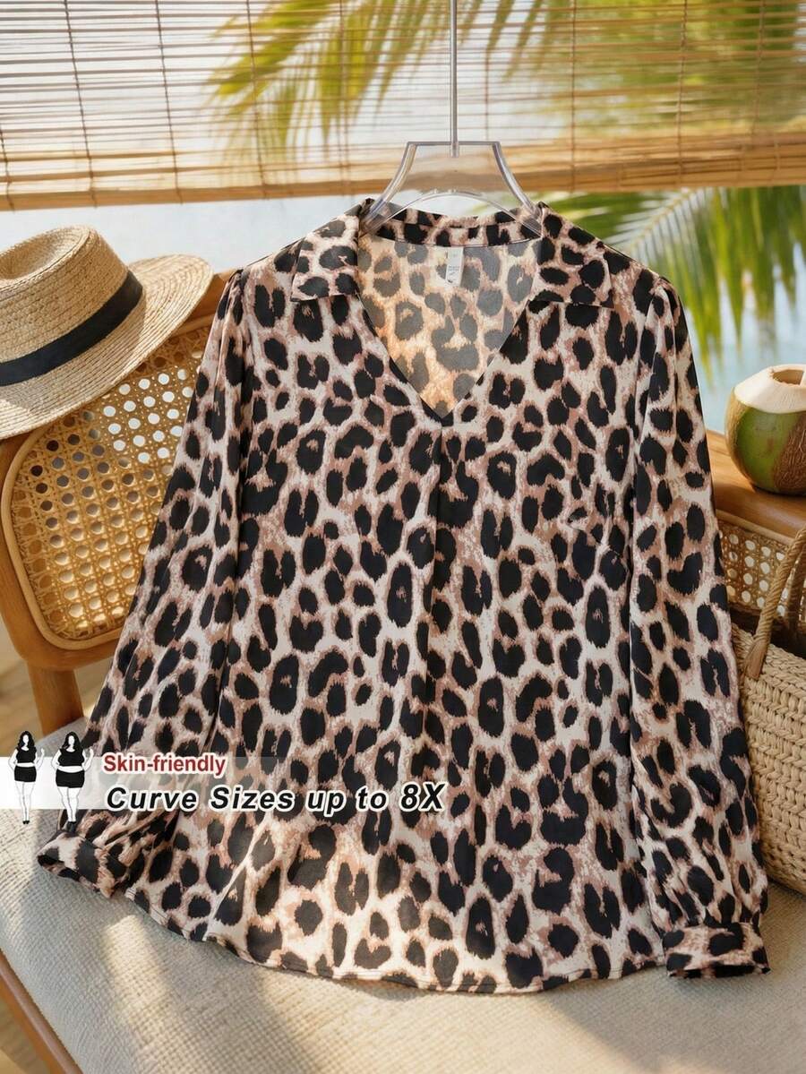 SHEIN CURVE+ 大码女装秋冬休闲宽松舒适V领黑色长袖衬衫，秋季女装，女式衬衫，大码上衣，复古风，黑色上衣，商务休闲女装，办公室女装，W码，教师衬衫，女士秋冬服装，冬季，大码 - 棕色 - 查看 1