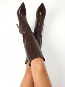 Fall/Winter Pointed Toe Fashionable Versatile Suede Leather Thigh-High Boots,Kitten Heel Boots,Party Spring Shoes - Brown - View 5