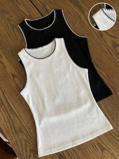 SHEIN EZwear 2pcs Women Casual Comfortable Contrast Color Shell Flower Embroidery Camisole