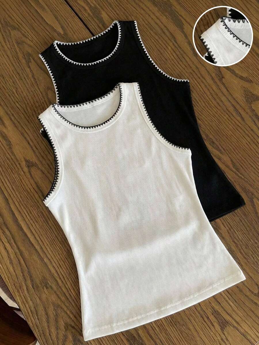 SHEIN EZwear 2 piezas Camiseta de mujer casual y cómoda con contraste de color y bordado de flor de concha - Multicolor - Ver 1