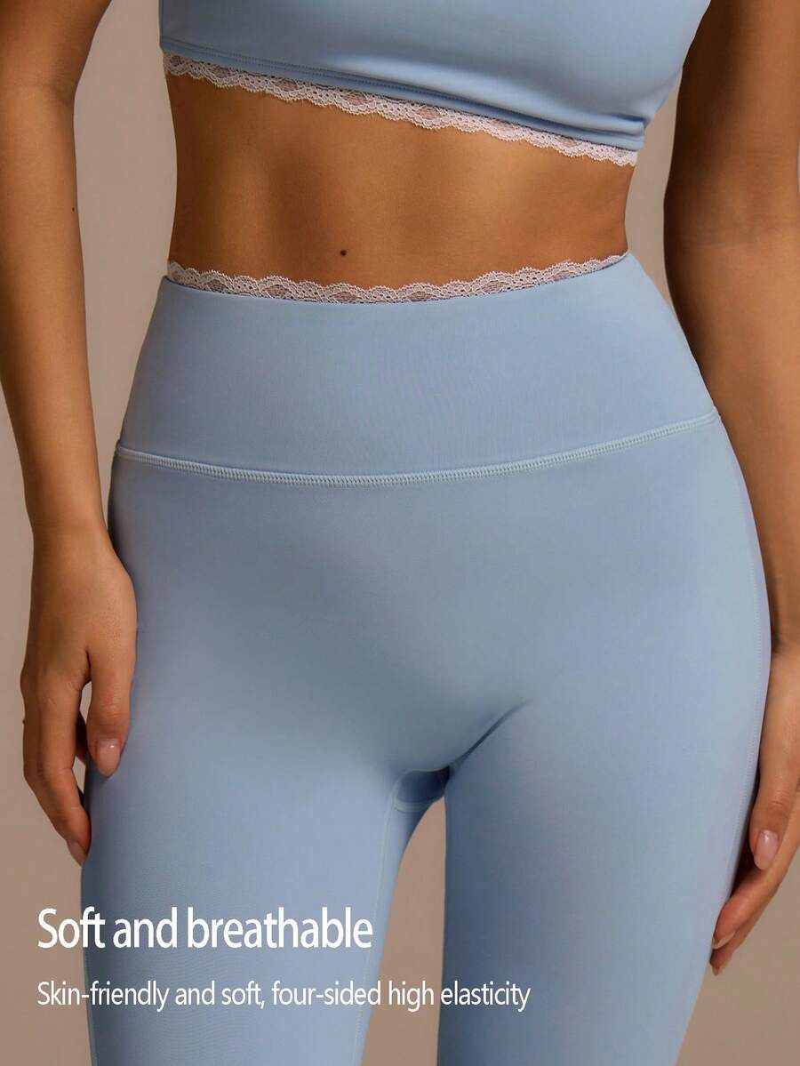 Fluxe Women's Lace Trim High Waist Seamless Leggings - Blue - View 1