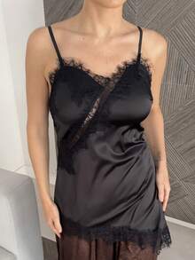 Marta Soriano 女士性感蕾丝吊带背心，缎面扭结不对称下摆露脐上衣，百搭叠穿单品 - 黑色 - 查看 3