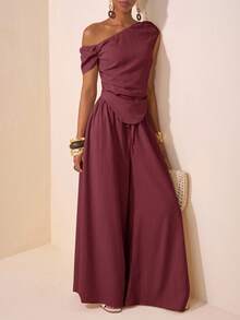 Zivah 2025春夏新款音乐节、复活节、圣帕特里克节、西部风、游牧风、生日派对、毕业典礼、校园风、日常穿着、休闲装、度假、邮轮旅行、海滩、日光浴、潮流、街头风、婚礼宾客波西米亚风、通勤、早午餐、机场杏色不对称肩部褶皱下摆露脐上衣和阔腿裤纹理两件套 - 紫色 - 查看 5