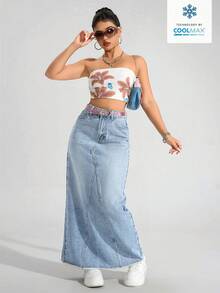 SHEIN Unity 女士高腰带口袋毛边长款休闲牛仔裙 - 淺色水洗藍 - 查看 5