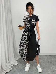 Selianne Áo sơ mi nữ phong cách thường ngày thanh lịch công sở, du lịch nghỉ dưỡng, phong cách quý tộc cổ điển, họa tiết da báo, cài cúc phía trước, thắt lưng nơ, túi hai bên, xẻ tà, chất liệu tương phản, thích hợp mặc đi làm hoặc ở nhà, mẫu đầm dài tay ngắn mới mùa hè 2025. - Xám - Xem 6