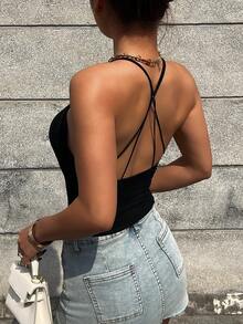 DAZY Backless Tie-Back Casual Vacation Summer Tank Top For Women - Black - View 6