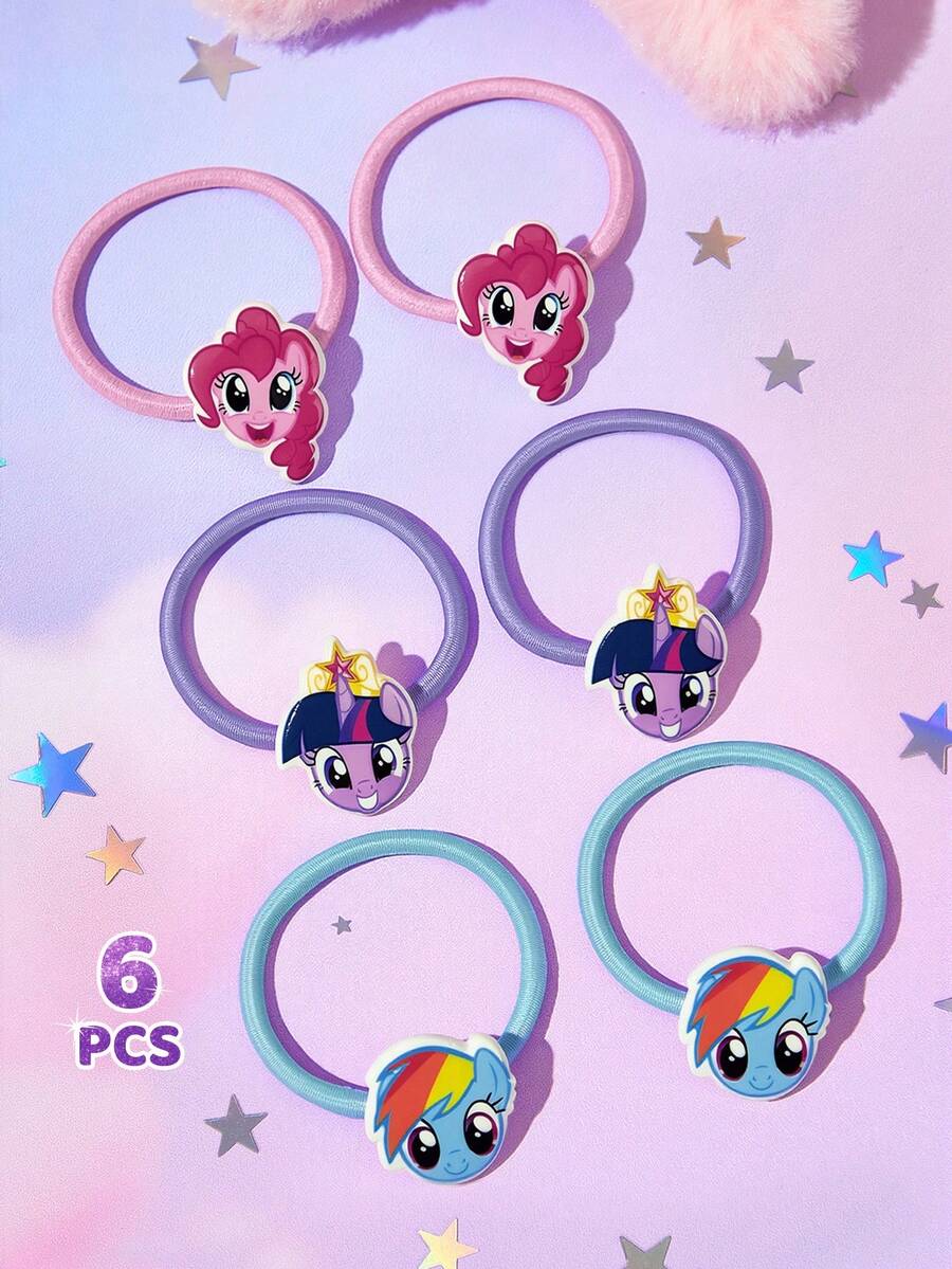 My Little Pony X SHEIN 6条装，可爱卡通糖果色发带，女士发绳，弹性不伤发，橡皮筋，扎头发，马尾辫发型，蓝色，粉色，紫色。 - 彩色 - 查看 1