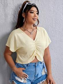 SHEIN EZwear Plus Size Women V-Neck Ruched Short Sleeve Cropped Shirt - Apricot - View 3