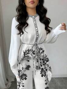 Elenzga Women's 2-Piece Set: Elegant Chinoiserie Print Round Neck Blouse With Tie Waist And Asymmetrical Hem, Paired With Elastic Waist Printed Straight Leg Pants, Outfit - Multicolor - View 4