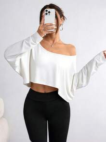 Elenzga Áo thun nữ cỡ lớn tay dài cổ lệch, dáng ngắn, màu trơn, thích hợp cho mùa xuân và mùa thu. - trắng - Xem 1