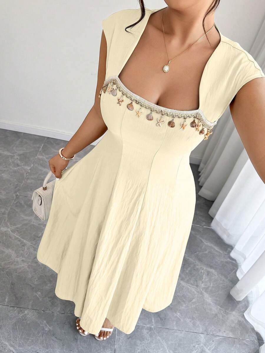Elenzga Plus Size Women's 1pc Faux Linen Texture Shell & Tassel Decor A-Line Casual Beach Vacation Dress, Spring/Summer - Light Yellow - View 1