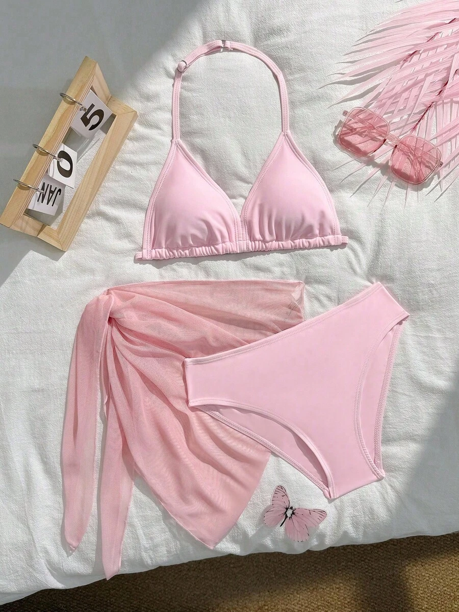 SHEIN 3件套女童/女孩黑色系列泳衣套装，沙滩度假派对，春夏款 - 粉色 - 查看 1