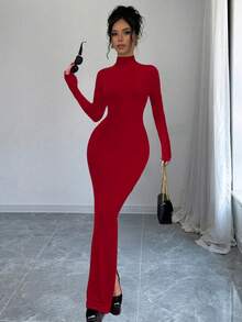 Women's Sexy Solid Color Open Back Dress, Autumn - Red - View 3