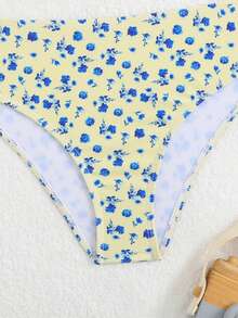 SHEIN 两件套少女格子碎花弹力速干舒适针织面料连体泳衣套装，适合游泳池、海滩、冲浪、度假、夏季旅行 - 彩色 - 查看 5