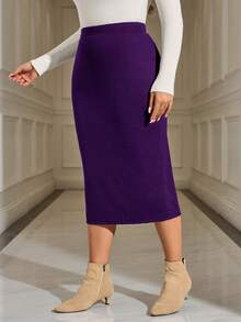 EMERY ROSE Plus Size Elegant Solid Color Fitted Skirt, Suitable For Commuting In Summer - Violet Purple - View 7