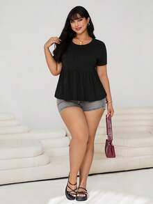 Enliva Women's Plus Size Round Neck Pure Cotton Doll Dress T-Shirt With A-Line Hem And Color Block Design, For Apple And Rounded Body Shape, For Summer - Black - View 4