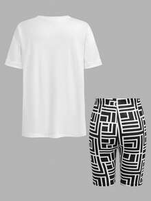 少女日常休闲圆领小熊印花T恤和印花打底裤套装 - 黑與白 - 查看 8