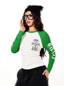 SUMWON WOMEN Raglan Sleeve Graphic Crew Neck Long Sleeve Top With Cross Print And Side Text Detail - Green - View 5
