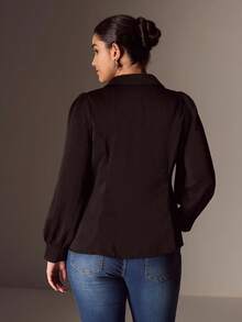 Juhart Plus Size Lantern Sleeve Casual Loose Metal Decor Satin Shirt, Suitable For Commuting, Party, And Dating, Lapel Elegant Shirt - Black - View 2