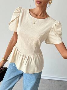 Rafferiza Women's Elegant Commuter Casual Outgoing Date Outfit A-Line Design Short Sleeve Blouse, Spring/Summer - Khaki - View 5