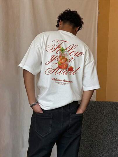 SWAVVY Camiseta de manga corta casual y holgada para hombre, blanca con estampado gráfico delantero y trasero, para verano