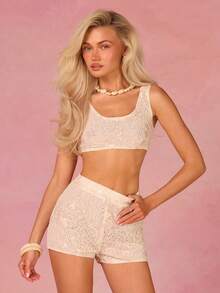 Athîral Conjunto de 2 piezas de top corto de tirantes y shorts casual de vacaciones con bordado de lentejuelas para mujer - Blanco - Ver 7